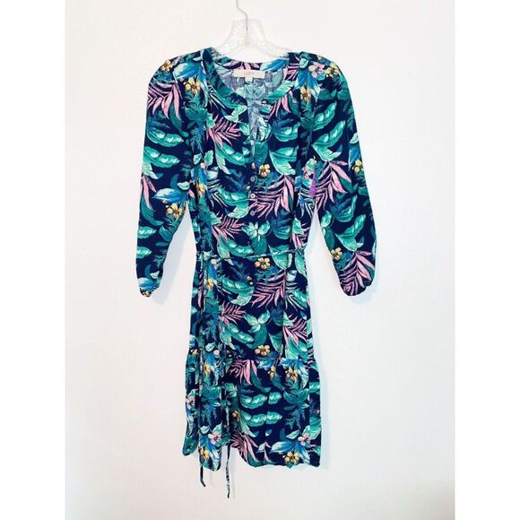 Loft Tropical Leaf Print Tiered Linen Blend Dress Size XS - Picture 1 of 7